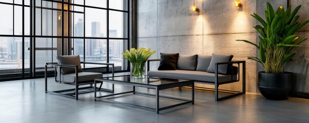 Living room with metal-framed furniture and concrete walls, industrial elegance, urban decor