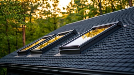 Modern skylights on a sloped roof surrounded by lush green trees