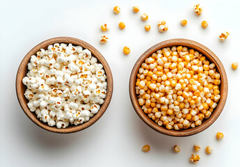 Two wooden bowls filled with white and yellow popcorn kernels, showcasing a vibrant snack option for movie nights.