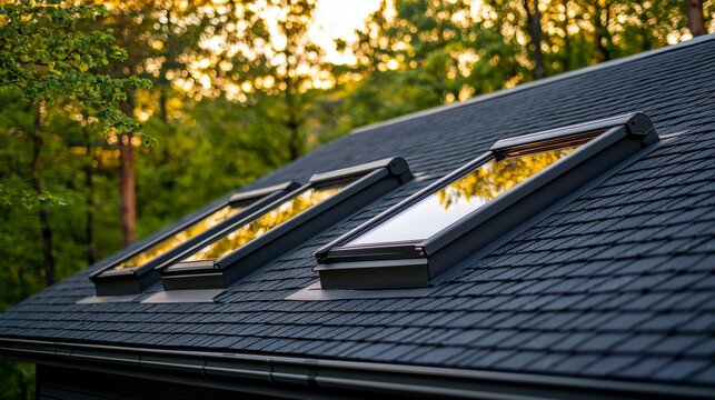 Modern skylights on a sloped roof surrounded by lush green trees