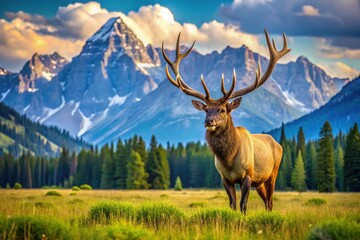 Fototapeta premium A majestic elk bull stands proudly in a serene Wyoming meadow, surrounded by lush greenery and towering Rocky Mountains under a bright blue sky.