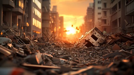 A devastated urban landscape after a disaster, with debris and a sunset in the background.