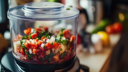 A detailed view of a food processor in action, with ingredients being chopped or blended, and the motion captured through the transparent lid. -