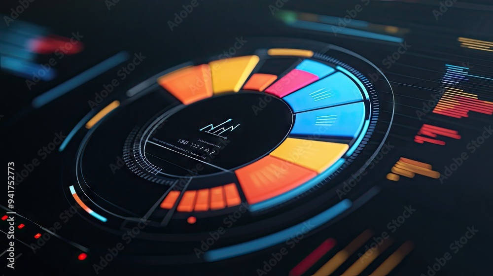 Poster a detailed view of a pie chart with interactive segments on a digital dashboard, showcasing real-tim
