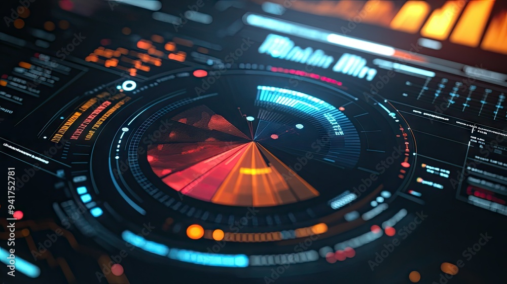 Poster a detailed view of a pie chart with interactive segments on a digital dashboard, showcasing real-tim