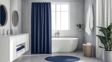 A chic bathroom with a light gray color scheme and white fixtures, highlighted by a deep navy blue shower curtain and matching towels