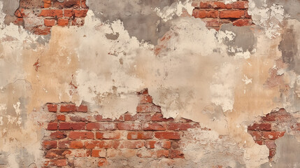 Fototapeta premium The image features a red brick wall partially covered with peeling plaster, creating an aged and weathered texture