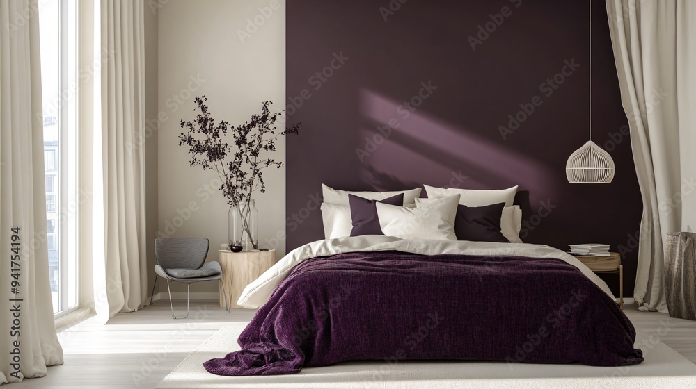 Wall mural A minimalist bedroom with a light gray color palette, highlighted by a deep purple feature wall and matching bedding