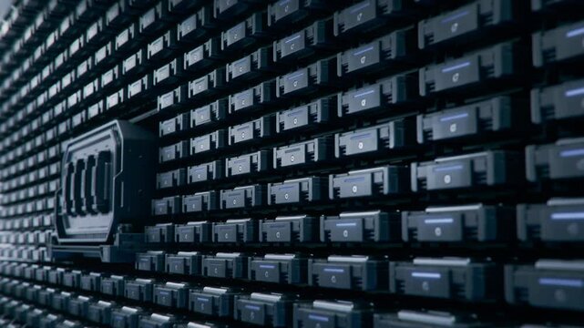 Advanced Storage Solution in Data Center. Rows of Blinking Black Drives Containing Training Data and Datasets for Supercomputers that Powering Massive AI Models. Cloud Computing and Processing Concept