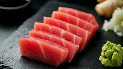 Freshly sliced sashimi served on a black slate plate with wasabi and ginger on the side