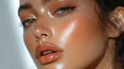 A detailed view of a woman's face with flawless makeup, focusing on her contoured nose, highlighted cheekbones, and glossy lips. -