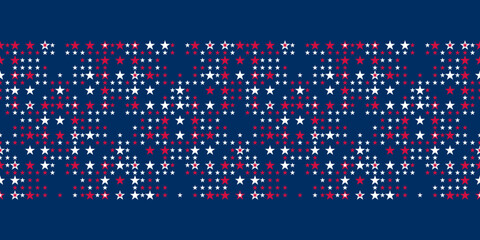 Seamless vector pattern Border with little red and white stars on blue background. 4th July irregular abstract geometric pattern. Independence day background.