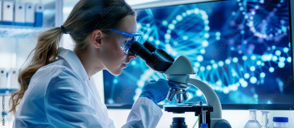 Poster Female scientist in a lab coat using a microscope for research, with DNA models on a screen in the background. A modern laboratory setting, emphasizing scientific research and innovation.