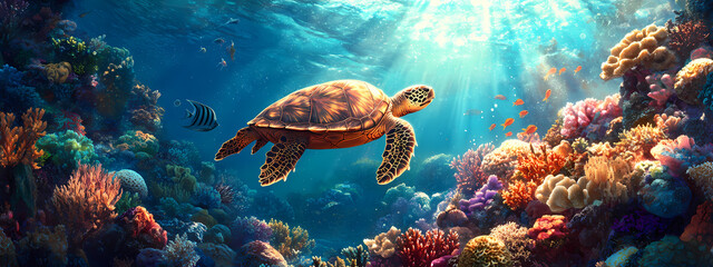 Fototapeta premium Turtle's Tranquil Swim in the Reef