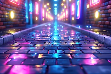 Obraz premium Empty room with brick walls and neon lights tropical night architecture. 