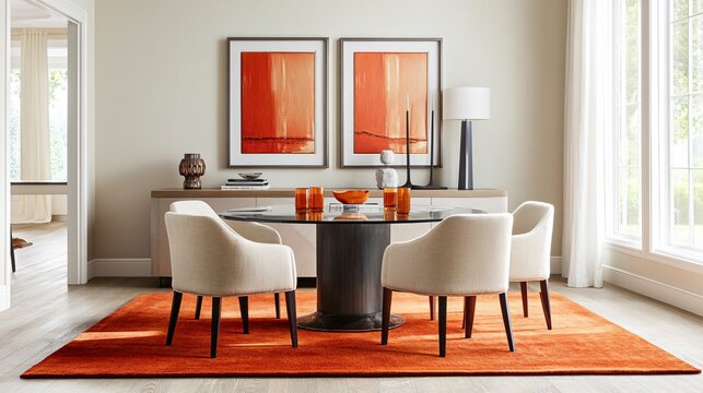 A modern dining room with a glass-top table and neutral chairs, accented by a bold orange area rug and matching artwork