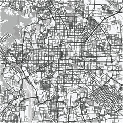 Map of Beijing in China in grayscale. Contains layered vector with roads water, parks, etc.