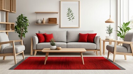 A modern living room with a soft gray sofa and light wood furniture, accented by a bold red area rug and cushions