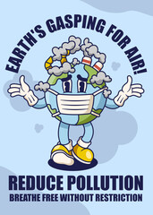 Air Pollution Poster with Earth Retro Mascot Illustration Color Version