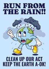 Acid Rain Poster with Earth Retro Mascot Illustration Color Version