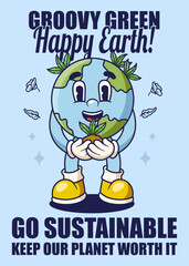 Go Green Sustainability Poster with Earth Retro Mascot Illustration Color Version