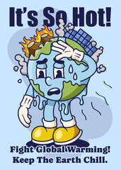 Global Warming Poster with Earth Retro Mascot Illustration Color Version