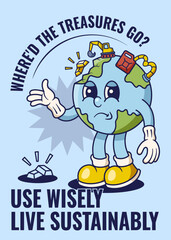 Natural Resource Deplation Poster with Earth Retro Mascot Illustration Color Version