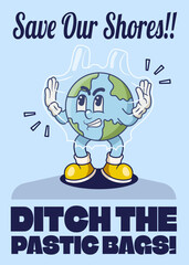 Plastic Pollution Poster with Earth Retro Mascot Illustration Color Version