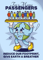 Over Population Poster with Earth Retro Mascot Illustration Color Version