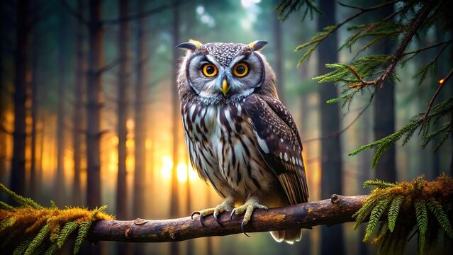 A majestic owl with piercing yellow eyes and soft, feathery plumage perches on a branch, surrounded by a blurred, dark, and mysterious forest background.