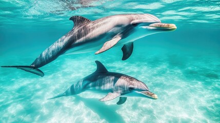 Fototapeta premium A dolphin mother and her calf swimming close together in shallow turquoise waters, showcasing their strong bond. -