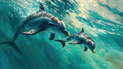 Fototapeta premium A dolphin mother and her calf swimming close together in shallow turquoise waters, showcasing their strong bond. -