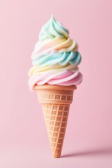 A colorful swirl of soft-serve ice cream in a waffle cone against a pastel pink background.