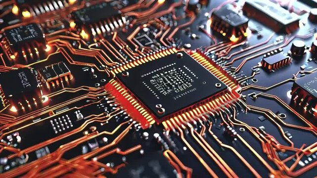 Close-up of a computer chip with glowing copper wires.