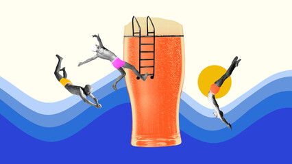 Poster. Contemporary art collage. Divers in colorful swimwear plunge towards frosty pint, using as pool, with waves. Summer fun in glass. Concept of celebration, holidays, alcohol drinks, Friday mood