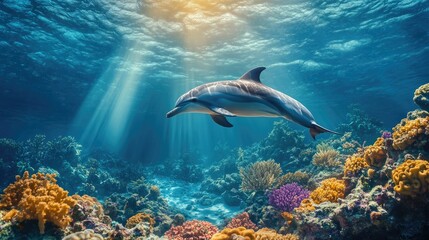 Obraz premium A dolphin swimming near a coral reef, with the sun's rays filtering through the clear water, creating a magical underwater scene.