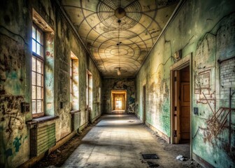 Fototapeta premium Haunted Asylum Mind Map Corridor: Eerie abandoned asylum with a haunting mind map scrawled on the walls, guiding the viewer through its eerie corridors.