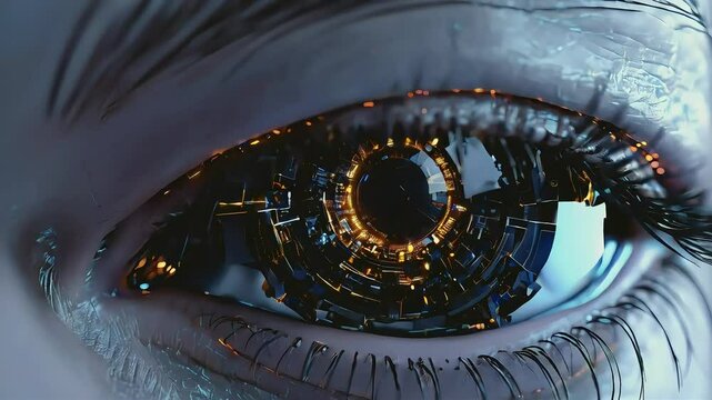 Close-up of a futuristic cyborg eye with glowing circuitry.