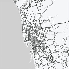 Map of Jeddah in Saudi Arabia in grayscale. Contains layered vector with roads water, parks, etc.