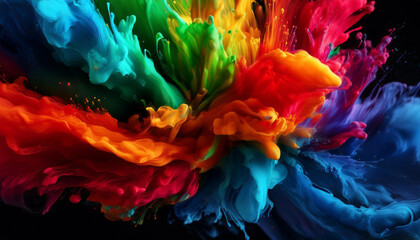 Fototapeta premium Colourful paint splash, modern art, colors, green, red, yellow, blue, rainbow, acrylic paint, modern art, background, copy space, backdrop, fill, texture, copy space, vivid 