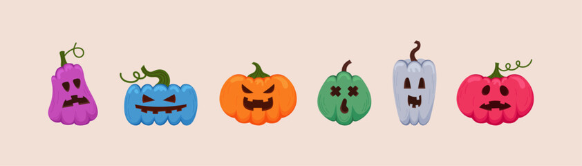 Big set with colorful Halloween pumpkins. Spooky jack o lantern vector collection.