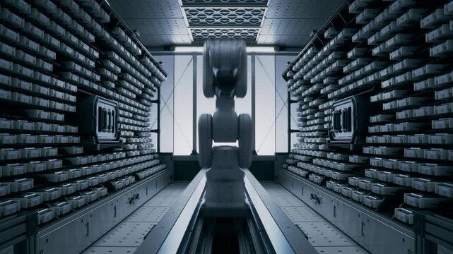 Time-Lapse of Working High Precision Robot Arm Inside Automated Enterprise Data Management and Storage Solution. Futuristic Storage and Handling Room with Robotic Arm at High-Tech Factory. Dolly Shot