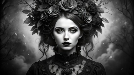 Haunted Reverie: Surreal, Gothic, Black and White, Eerie, Victorian
