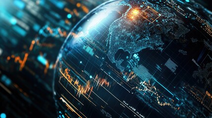 A dynamic financial graph superimposed over a globe, representing the global impact of financial markets.