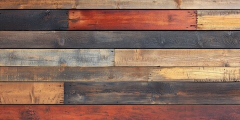 Naklejka premium Wooden planks with varying colors and textures arranged in a rustic pattern on a surface