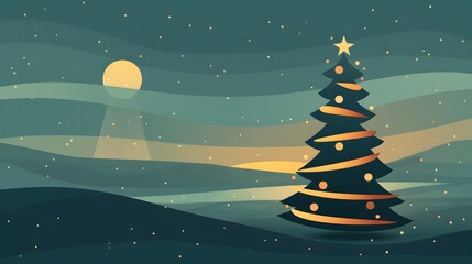 Christmas tree and snowman illustration with winter snowflakes and holiday decorations on a greeting card