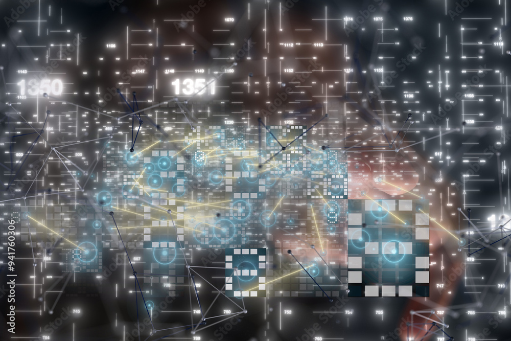 Poster Neural network 3D illustration. Big data and cybersecurity
