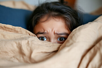 Scared Child Hiding Under Blanket
