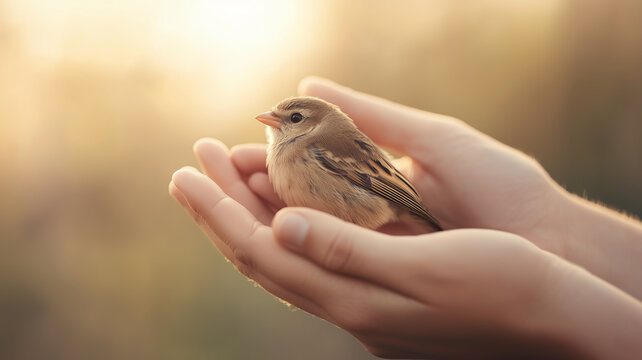 A close-up of hands gently cradling a small bird, symbolizing compassion and care, warm lighting, muted tones, photo-realistic