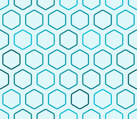 Pattern of hexagon shapes. Bold rounded hexagons mosaic cells with padding. Cyan color tones. Large hexagon shapes. Seamless pattern. Tileable vector illustration.